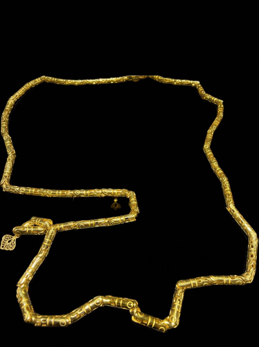 Ornate 21K gold chain and bracelet photographed on a black background